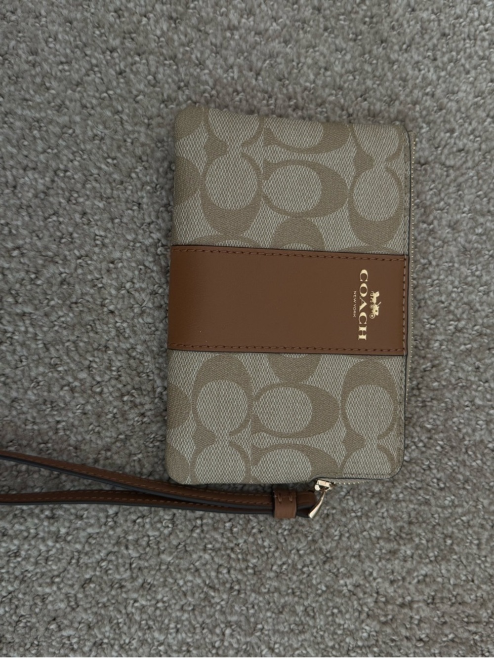 Coach Beige Signature Canvas Wristlet with Brown Leather Band